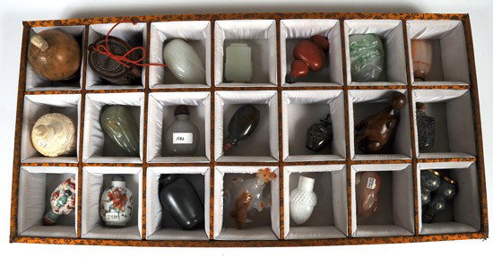 Collection of 21 Different Snuff Bottles: Collection of 21 Different Snuff Bottles. China, circa 19th-20th century. A varied group in mixed materials including: silver, stoneware, porcelain, stone, agate, wood, ivory and cloisonne. Some tops 