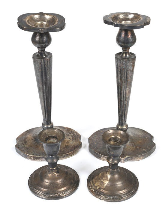 Two Pairs of Sterling Silver Candle Holders: Two Pairs of Sterling Silver Candle Holders. One tall pair: 11 in. high (unweighted), and one short pair (weighted): 4¼ in. high. Each pair is over 100 years old and in average 