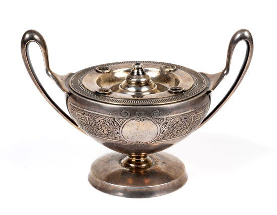 Tiffany antique sterling silver Roman style oil la: Tiffany antique sterling silver Roman style oil lamp. Circa 1900, measuring 5 3/8" across, lightly decorated in floral and geometric designs. Marked on base, "Tiffany * Co Sterling 1730/1627&#