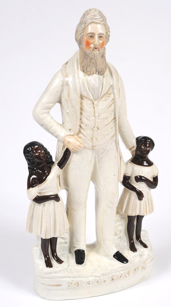 Staffordshire - John Brown With Children: Staffordshire - John Brown With Children. Statue of fiery abolitionist John Brown with two African-American children. Brown's name is on the base. Height: 13 3/8 in. Width of base: 6¼ in. B