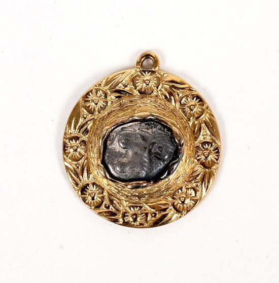 Ancient Greek Silver Twelfth- Slater In Gold Jewel: Ancient Greek Silver Twelfth- Slater In Gold Jeweler's Mounting. Minted in Miletos (Ionia) Circa 550 B.C. Mounted in an individually designed 14K gold setting and placed in a leatherette p