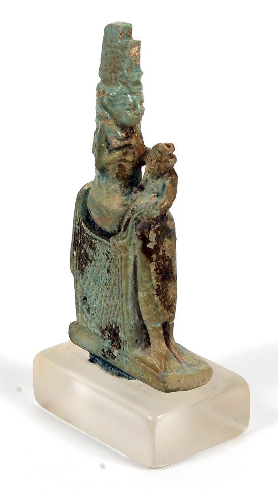 Egypt. Faience Amulet of Isis and Horus, 26th Dyna: Egypt. Faience Amulet of Isis and Horus, 26th Dynasty. Circa 600 B.C. Isis wears the Step Crown, suckling Horus. Beautiful pale green and in excellent condition. Height: 60.5 mm. Estimated Value $