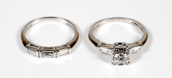 Lady's Diamond, 14K White Gold Wedding Ring Set: Lady's Diamond, 14K White Gold Wedding Ring Set. The engagement ring features one round brilliant cut diamond, weighing approximately .25 carat, flanked on each side by one baguette cut diamond, w