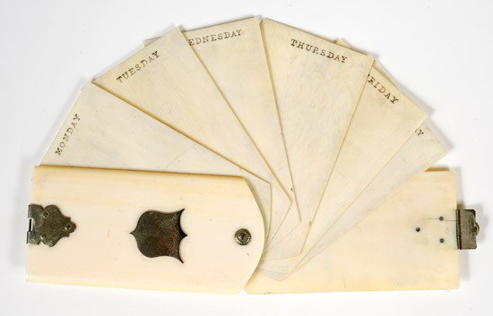 Ivory, Silver, Pocket Calendar: Ivory, Silver, Pocket Calendar. Opening up in a fan design, having 6 rectangular shaped ivory discs, marked Monday - Saturday. Estimated Value $200 - 300.