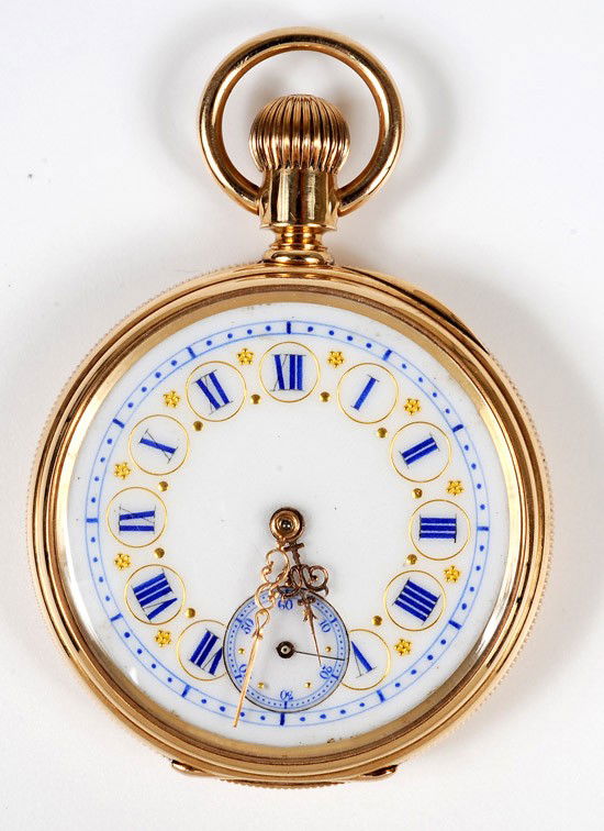 Longines 14K Yellow Gold Open Face Pocket Watch: Longines 14K Yellow Gold Open Face Pocket Watch. Having a manual Longines movement #506175, set in a 14k yellow gold circular case, measuring 45 mm in diameter, stem wind, with a white dial with blue