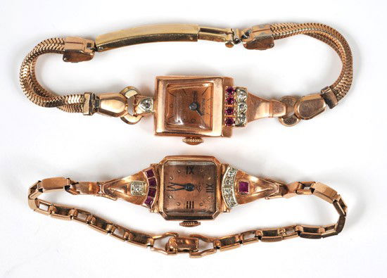 Collection of Lady's Retro, 14K Rose Gold Wristwat: Collection of Lady's Retro, 14K Rose Gold Wristwatches. Including one Bulova Retro 14k rose gold wristwatch, 17 jewel Swiss manual movement, case decorated by single cut diamonds and red stones, c