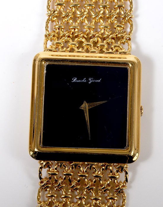 Gent's Bueche Girod 18K Yellow Gold, Wristwatch: Gent's Bueche Girod 18K Yellow Gold, Wristwatch. Having a Swiss jeweled manual movement, square lapis dial, gold hands, square 18k yellow gold case, attached to a link bracelet style 18k yellow go