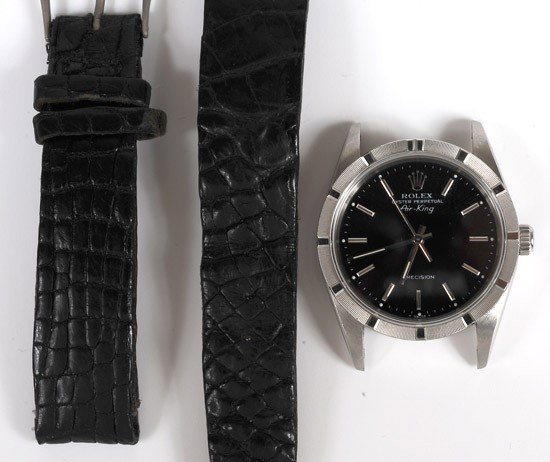 Rolex Stainless Steel, Oyster Perpetual Air King W: Rolex Stainless Steel, Oyster Perpetual Air King Wristwatch. Having a black dial, silver stick markers, silver illuminating hands, sweep seconds hand, coin edge bezel, model #14010, serial #N567779, c