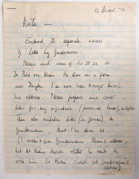 Rocket, 1972, Dr. Wernher von Braun Original Hand: Rocket, 1972, Dr. Wernher von Braun Original Handwritten Manuscript. A two page, double spaced pencil manuscript to his secretary instructing her on writing three letters on his behalf and giving her 