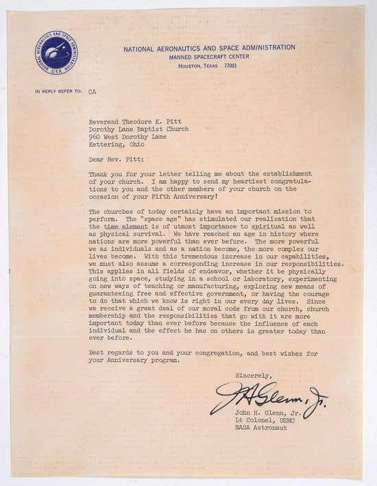 MA-6, 1962, John Glenn Autographed Letter: MA-6, 1962, John Glenn Autographed Letter. He has signed on a typed, undated letter on NASA letterhead stationery. The letter was sent by a Reverend on the 5th Anniversary of his Baptist Church. Glenn