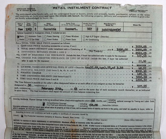Mercury Program, 1963, Corvette Retail Instalment: Mercury Program, 1963, "Corvette" Retail Instalment Contract. Every space collector knows about the specially made Corvettes leased to each of the Mercury Seven astronauts. These cars have bec