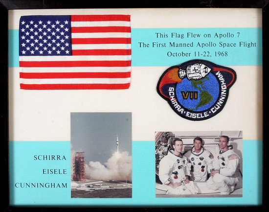 Apollo 7, 1968, FLOWN US Flag: Apollo 7, 1968, FLOWN US Flag. Mounted on a presentation certificate (framed to 16x13.5") along with a crew patch, a launch photo and a crew photo. An unusual, early presentation piece in 