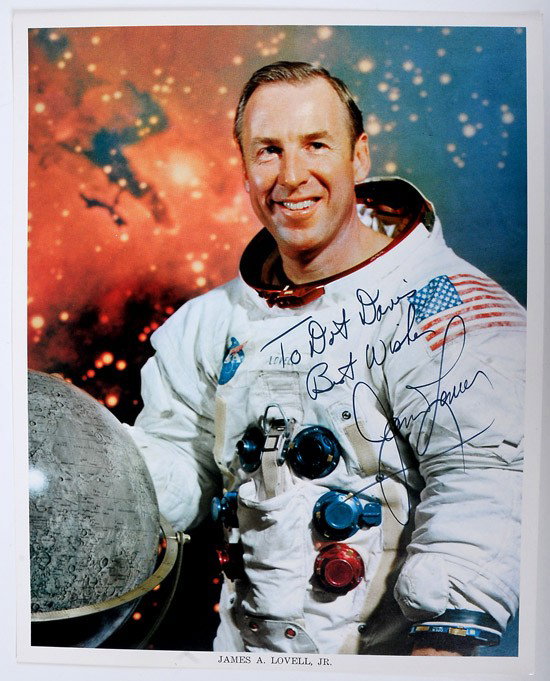 Apollo 8, 1968, James Lovell Autograph: Apollo 8, 1968, James Lovell Autograph. On a NASA 8x10" color lithograph in his white space suit. Inscribed. Estimated Value $100 - 150.