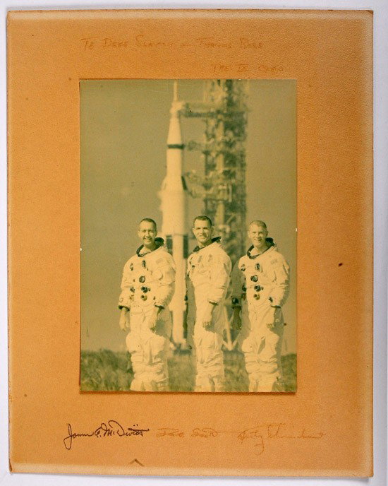 Apollo 9, 1969, James McDivitt, Dave Scott & Rust: Apollo 9, 1969, James McDivitt, Dave Scott & Rusty Schweickart Autographs. On an extensively faded presentation plaque (11x14"). The piece is inscribed at the top: "To Deke Slayton&hel