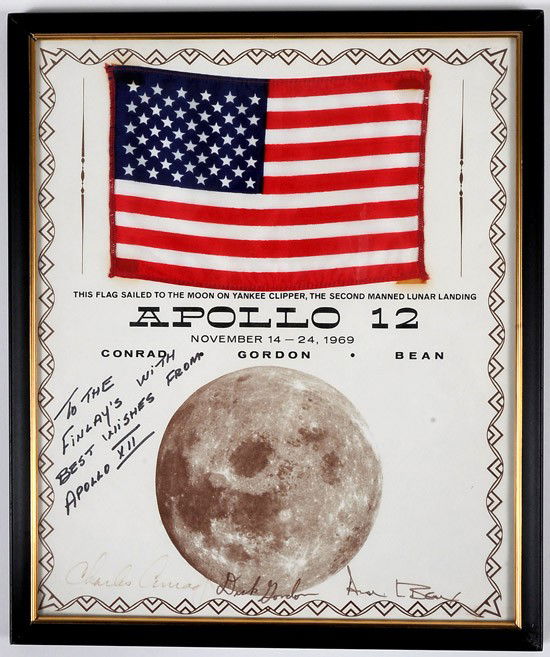 Apollo 12, 1969, FLOWN US Flag: Apollo 12, 1969, FLOWN US Flag (6x4") attached to a printed certificate (framed to 10x12") that reads, in part: "This flag sailed to the moon on Yankee Clipper, the second