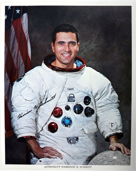 Apollo 17, 1972, Harrison Schmitt Autograph: Apollo 17, 1972, Harrison Schmitt Autograph. On a NASA 8x10" color lithograph of him in his white space suit. Wax mounting marks on the reverse, but an attractive piece of memorabilia. Estimated V