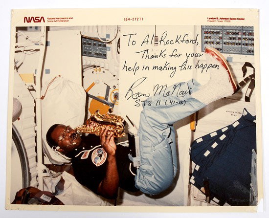 STS-41B, 1984, Ron McNair Autographed Photo: STS-41B, 1984, Ron McNair Autographed Photo. Of him playing the saxophone in space. This NASA 8x12" glossy color photo is inscribed: "To Al Rochford / Thanks for your help in making this happe