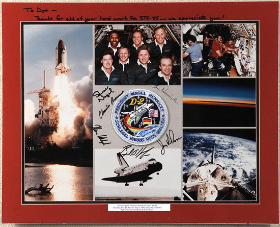 STS-55, 1993, FLOWN Crew Patch: STS-55, 1993, FLOWN Crew Patch. Mounted on a multicolor crew-signed montage with a descriptive label that reads: "This crew patch was flown aboard the Space Shuttle Columbia, STS-55, April 26-6 Ma