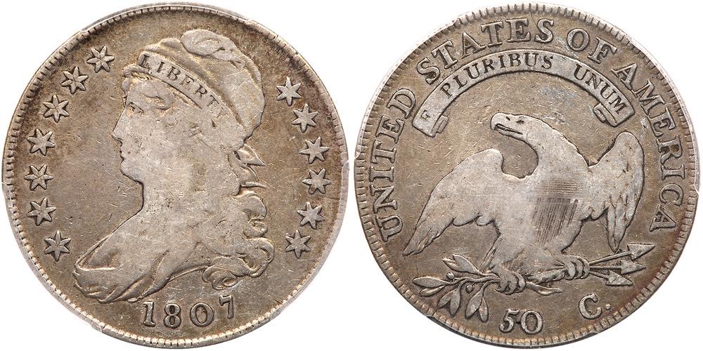 1807 Capped Bust Half Dollar. Small stars: 1807. Small stars. PCGS graded VG-8. A well balanced coin with even wear and appealing contrast between the soft gray toning in the fields and brighter silver devices. This is the first year of issue 