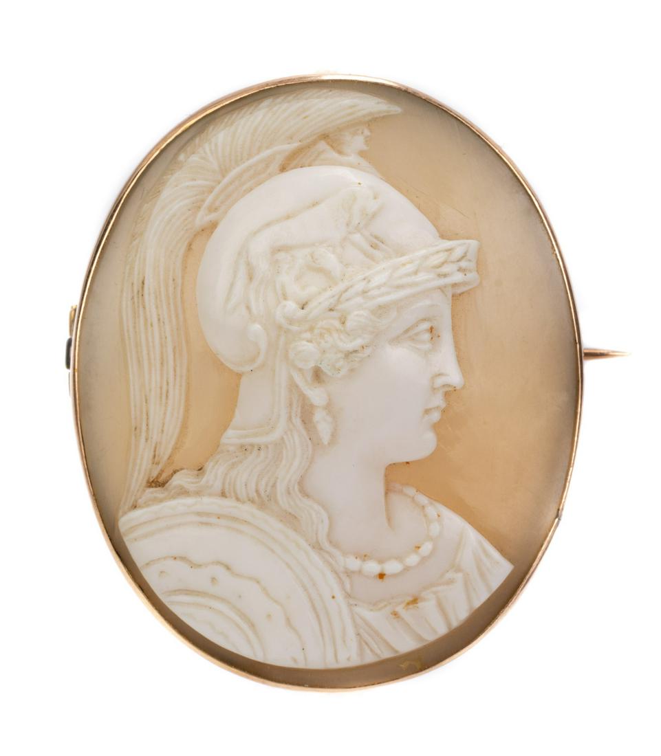 Lovely Shell Cameo of Athena Rendered in Great Detail, Set in a 9K Yellow Gold Bezel, Late 19th: Lovely Shell Cameo of Athena Rendered in Great Detail, Set in a 9K Yellow Gold Bezel, Late 19th Century. Wonderful shell cameo having an inspiring side-portrait of Athena, Goddess of Wisdom and War in