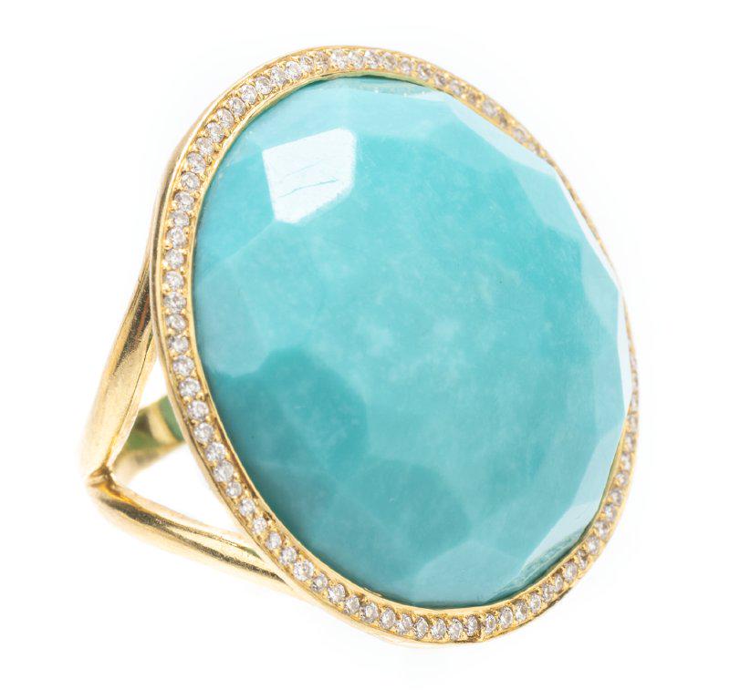 Lady's 18K Yellow Gold and Faceted Kingman Turquoise Ring with Bezel of Tiny Accent Diamonds by (1 of 1)