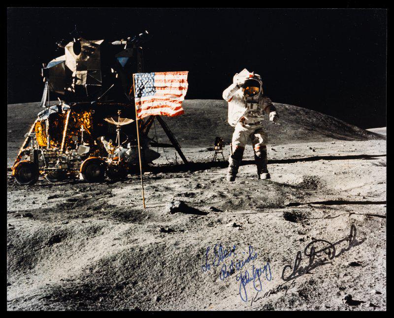 Apollo 16 John Young Leaping Saluting The Flag Photo Signed By The Crew. (1 of 1)
