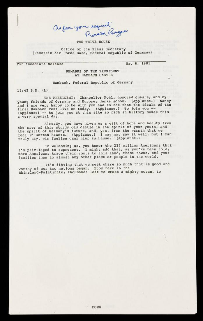 Reagan, Ronald 40th President of the US: Autographed Copy of his 1985 Speech at Hambach Castle (1 of 1)