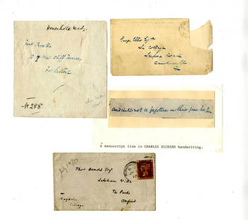 Dickens, Charles: Fine Collection of a Holograph Sentence, a Handwritten Note and Two Addressed: Dickens, Charles: Fine Collection of a Holograph Sentence, a Handwritten Note and Two Addressed Covers. Also Two Related Pieces. Charles Dickens, likely the greatest novelist of the Victorian Era a co