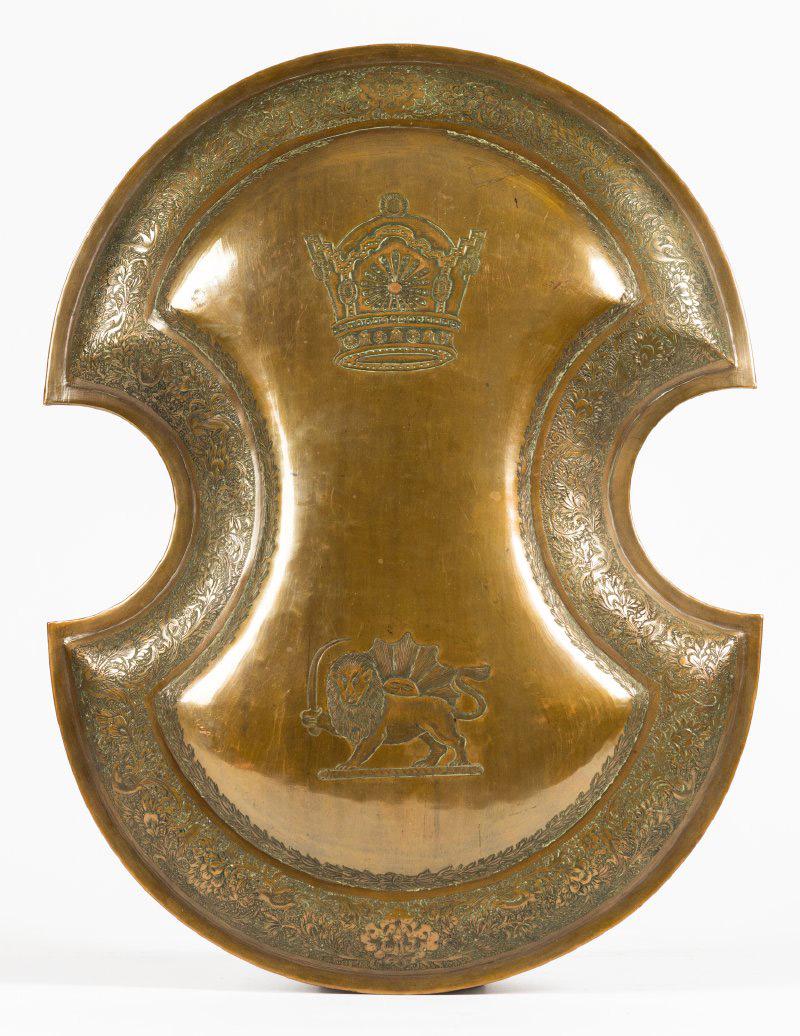 Rare Pahlavi, Patinated Brass Shield with Intricate Detailing of the Royal Pahlavi Crown as well as: Rare Pahlavi, Patinated Brass Shield with Intricate Detailing of the Royal Pahlavi Crown as well as the Shir Khorshid, Lion & Sun Emblem. Rare Pahlavi patinated brass shield created for as a commemora