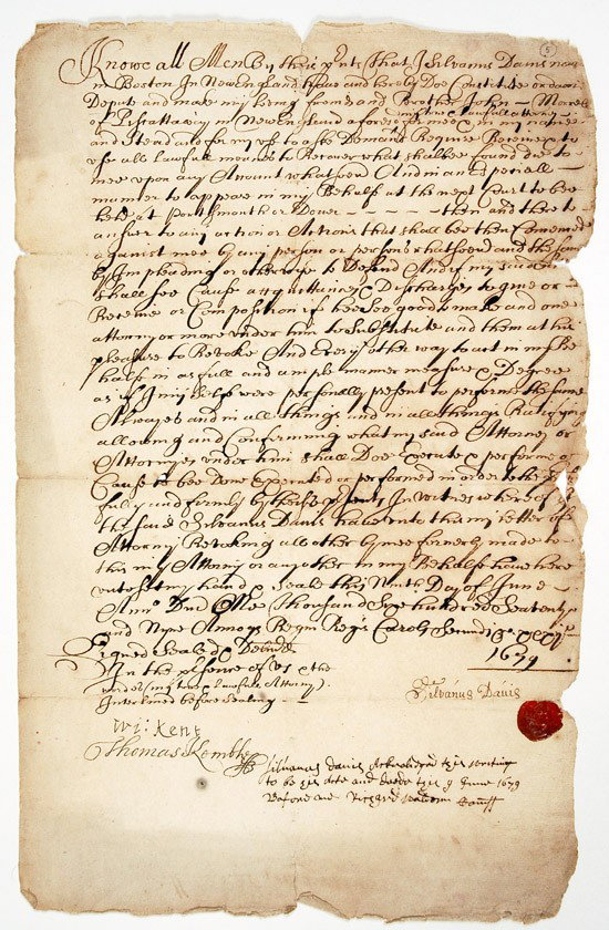 1679 Power of Attorney by an Early Settler of Pemaq: 1679 Power of Attorney by an Early Settler of Pemaquid. Document signed by Sylvanus Davis, June 9, 1679, one page, 13 x 8¼ inches, Boston, New England, Granting power of attorney to John Morrel