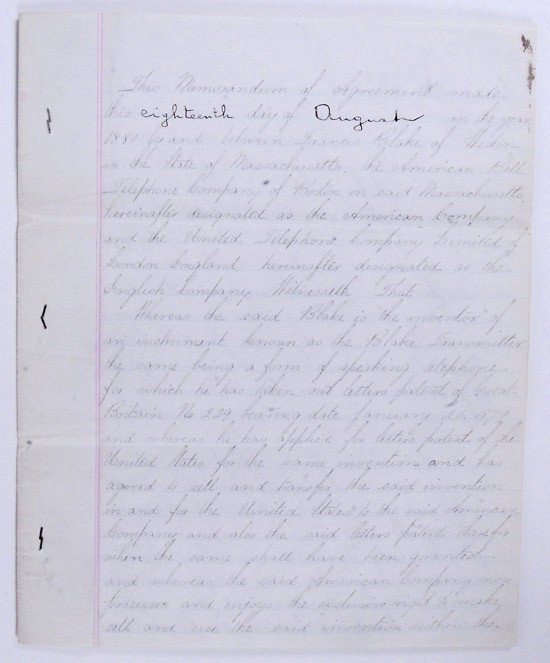 Blake, Francis: Blake, Francis (1850-1913) Inventor of a carbon microphone for use in the telephone. Manuscript Document Signed, nine full pages, 9¾ x 8 inches, London, August 18, 1880. Also signed by 