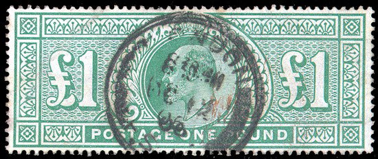Great Britain, 1902, King Edward VII, L1 dull blue: o Great Britain, 1902, King Edward VII, £1 dull blue green, De La Rue printing. . Scott 142. London 1906 cds. Fresh and well centered. Very Fine. SG 266 £750 (