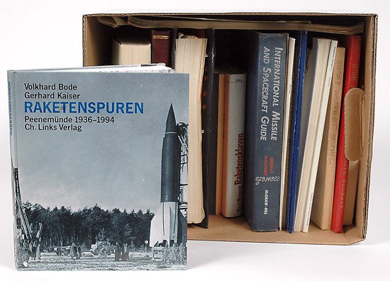 Rockets, Diverse NASA & Other Books and Brochures: Rockets, "Diverse NASA & Other" Books and Brochures". A fat carton, filled with a variety of publications relating to Rocketry covering the German Peenemunde and later US rockets and test 