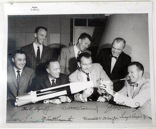 Mercury Program, c1959, Mercury 7 Autographed Phot: Mercury Program, c1959, Mercury 7 Autographed Photo. An early, classic 8x10" black and white glossy photo signed by Alan B. Shepard, Jr., Walter W. Schirra, Jr., J. H. Glenn, Jr., Gus Grissom, M. 