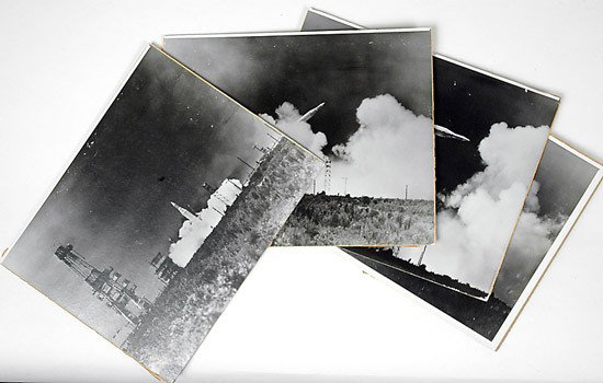 Mercury Program, 1960, Jupiter Rocket Launch Explo: Mercury Program, 1960, Jupiter Rocket Launch Explosion Photos. Lot of four sequential black and white photos (each mounted on thick card)and showing sequential pictures of the launch at +2, +4