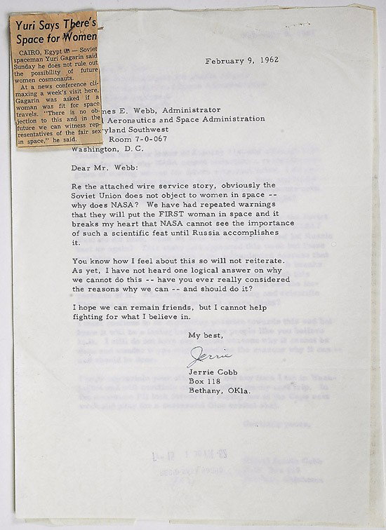 Mercury Program, 1961, Letter from Jerrie Cobb to : Mercury Program, 1961, Letter from Jerrie Cobb to NASA re "Women in Space" (7x10", wrinkled) Dated February 9, 1962, this letter is addressed to James Webb, Administrator at NASA a