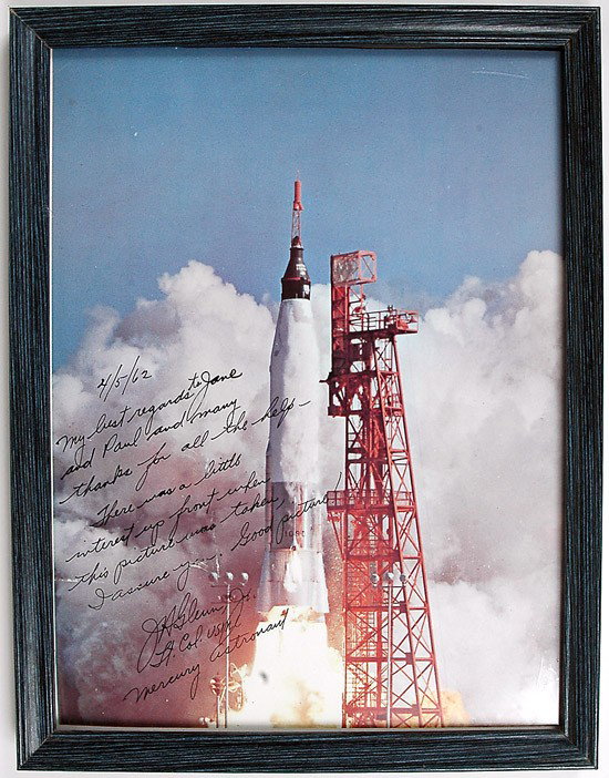 MA-6, 1962, John Glenn Inscribed Launch Photo: MA-6, 1962, John Glenn Inscribed Launch Photo (framed to 11x14") This color photo reads: "4/5/62. My best regards to Jame and Paul and many thanks for all the help - There was a little
