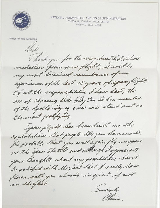ASTP, 1975, Office of the Director Manuscript Lett: ASTP, 1975, "Office of the Director" Manuscript Letter. This manuscript, one page letter on NASA letterhead to Deke reads, in part: "Thank you very much for the very beautiful silver medal
