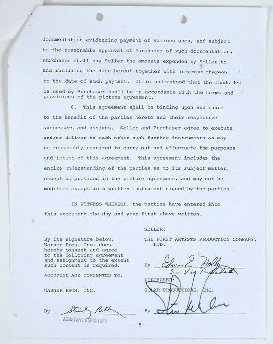 McQueen, Steve: McQueen, Steve. Original Steve McQueen signature on a five-page Agreement between The First Artists Production Company, Ltd., and Solar Productions, Inc. ("Purchaser") regarding a pict