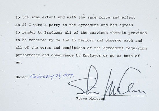 McQueen, Steve: McQueen, Steve. A seven-page legal document with an original signature by Steve McQueen on February 28, 1977 as a principal in First Artists, a production company set up in 1969 by Sidney Poitier, Pau