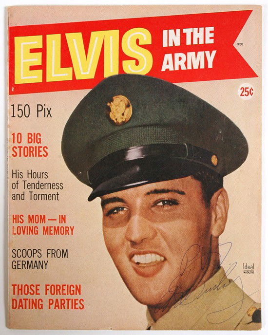 Presley, Elvis: Presley, Elvis. "Elvis in the Army," a 66-page magazine published in 1959 by Ideal Publishing Corp., New York, signed, "Pvt. Elvis Presley" on the cover. There are 150 pictures of Elvi
