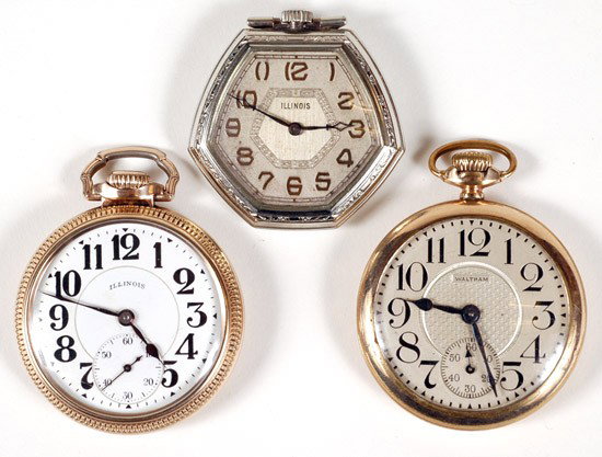 Collection of 3 Railroad Pocket Watches: Collection of 3 Railroad Pocket Watches. Including one Waltham 17 jewel manual movement #23182816, in a large Keystone gold filled case #9338106, screw back case, silver dial with large Arabic numeral