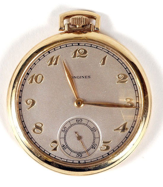 Longines 14K Yellow Gold Pocket Watch: Longines 14K Yellow Gold Pocket Watch. Having a 17 jewel Longines Swiss movement #5637313, set in a circular Keystone 14k yellow gold case #6171911, silver dial with Arabic numerals, gold hands, subsi