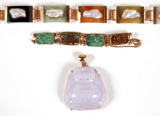 Collection of Jade, 14K Yellow Gold Jewelry: Collection of Jade, 14K Yellow Gold Jewelry. Including one large carved lavender jade, 14k yellow gold budda pendant; one carved jade, 14k yellow gold Asian design bracelet; and one multi colored jade