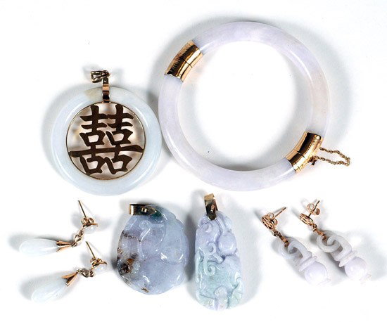 Collection of Jade, Yellow Gold Jewelry: Collection of Jade, Yellow Gold Jewelry. Including 1 lavender jade, 14k yellow gold bangle bracelet; one cylinder pendant with a 14k yellow gold asian design center and bail; 2 multi colored carved ja