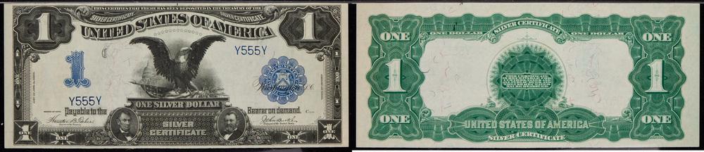 Fr. 225 Black Eagle Serial #Y555Y: Fr. 225 Black Eagle Serial #Y555Y. This is a knockout, good-looking $1 1899 Black Eagle Silver Certificate Fr. 225, graded PMG 65 EPQ Gem Unc. It bears the solid serial number Y555Y. We just love the