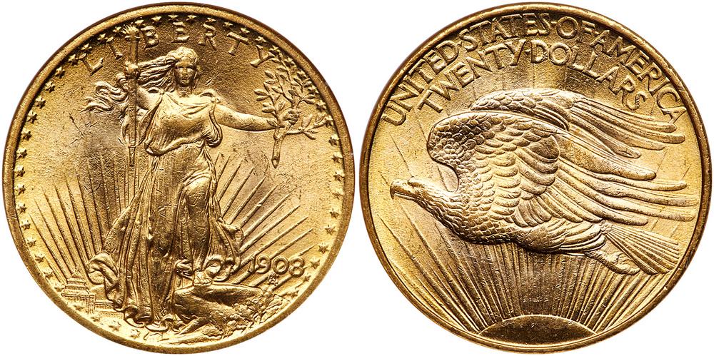 1908 $20 St. Gaudens. No motto. NGC MS63: 1908. No motto. NGC graded MS-63. Housed in a old NGC holder. Frosty & Lightly toned (PCGS # 9142) Estimated Value $1,750 - 1,800 Ex The Inverness Collection.
