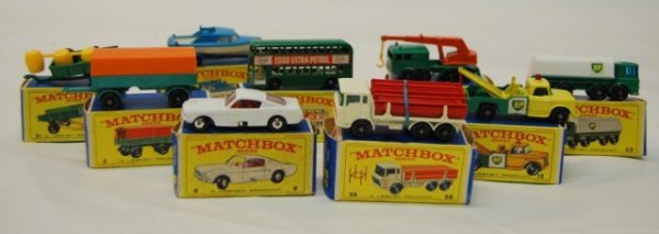 9 1960's Matchbox Cars with boxes: includes 58 girder truck , 13 bp tow truck, 32 bp oil tanker truck, 8 car, 51 trailer w barrls, 2 covered trailer, 20 truck, 9 boat and trailer, esso double decker bus