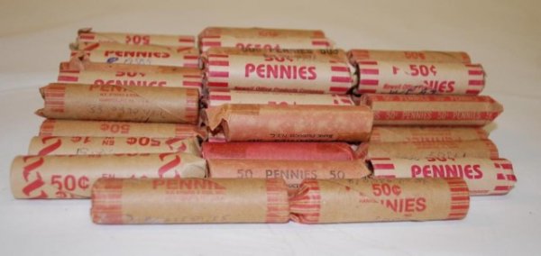 54 Rolls Wheat Pennies, numerous unsearched rolls