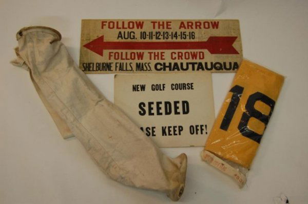 Golf Collectibles-flags,signs, golf bags: 1st half 20th century- 9 yellow with black numbers cotton pin flags, never opened, mint in sealed bag, holes 9-18. Vintage Chautauqua /Shelburne Falls Mass sign and other sign. 1930's Golf bags